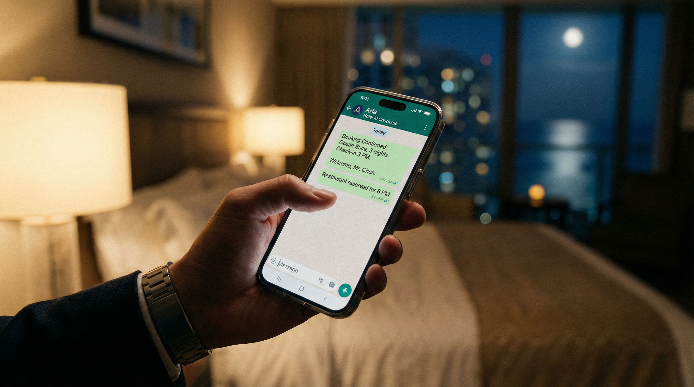 AI concierge WhatsApp conversation in hotel room