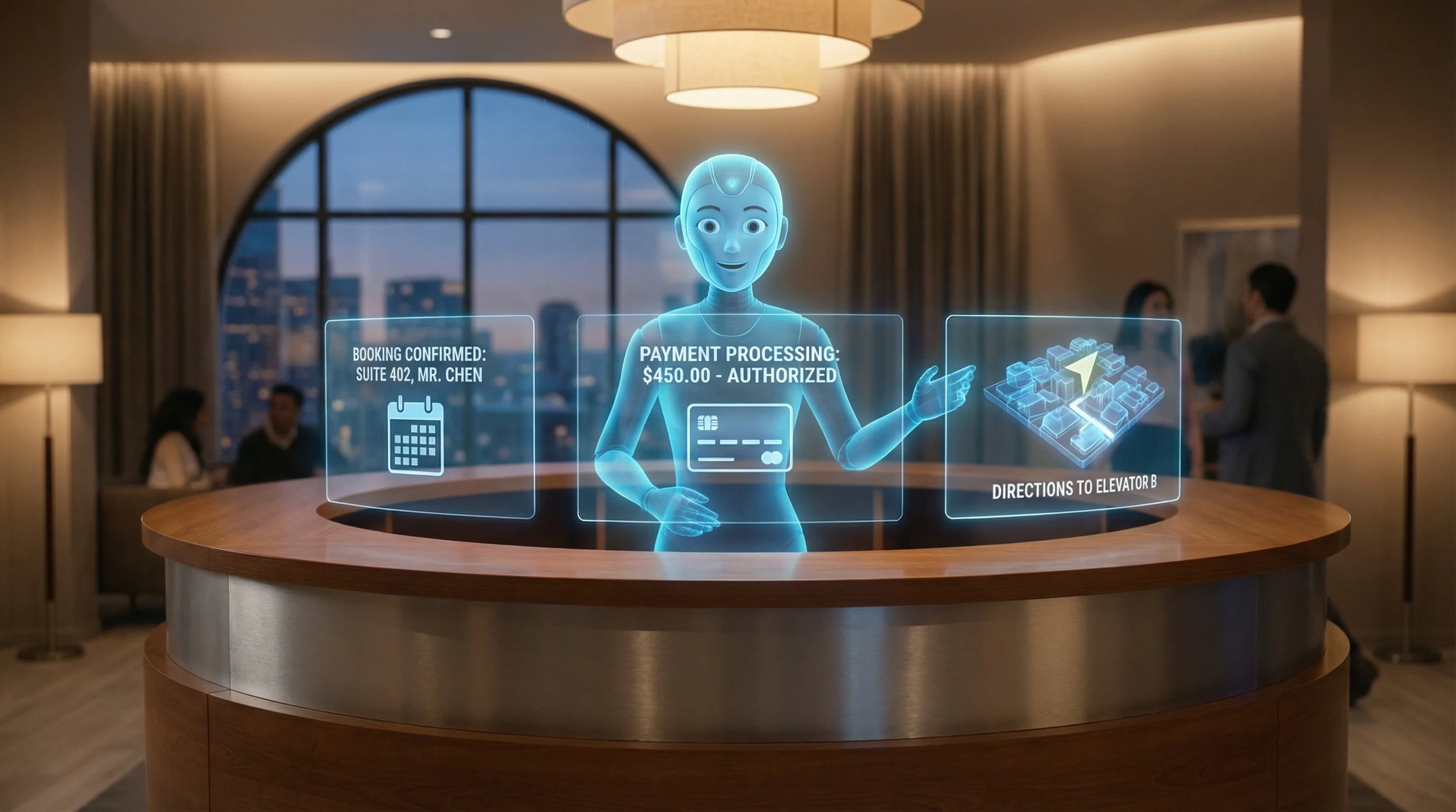 A futuristic AI agent simultaneously managing hotel bookings, payments, and guest services across multiple screens