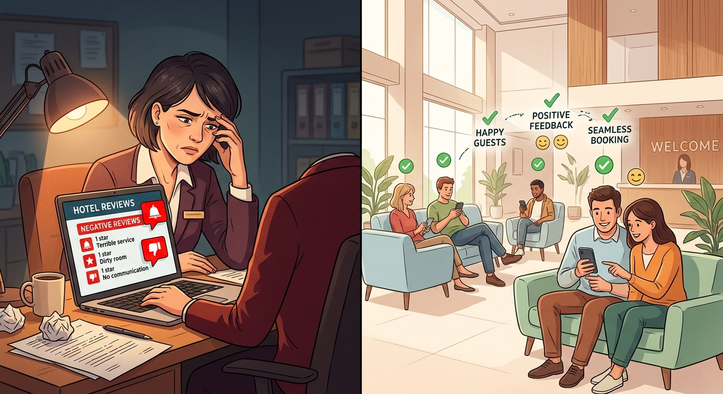 Hotel manager reviewing negative online reviews versus AI-powered proactive guest satisfaction