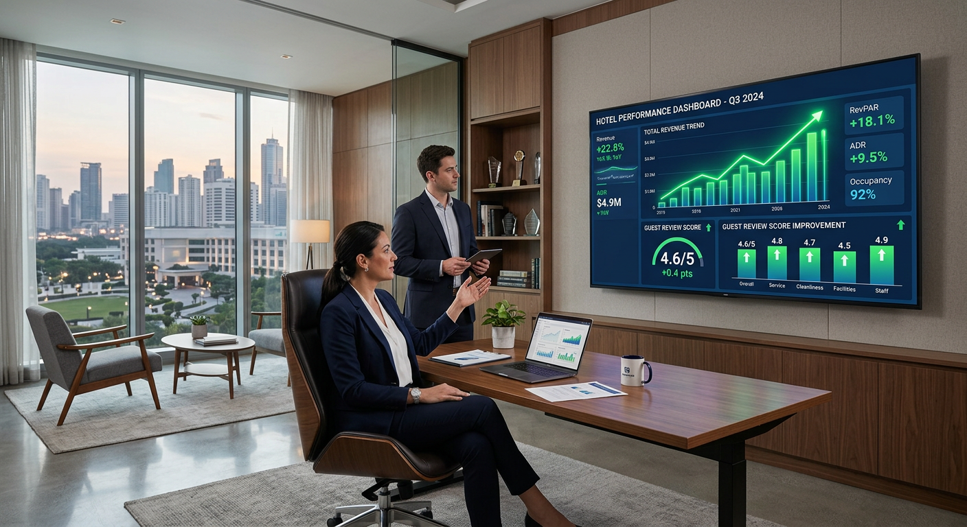 Hotel manager viewing revenue analytics dashboard showing review score improvements and ROI metrics