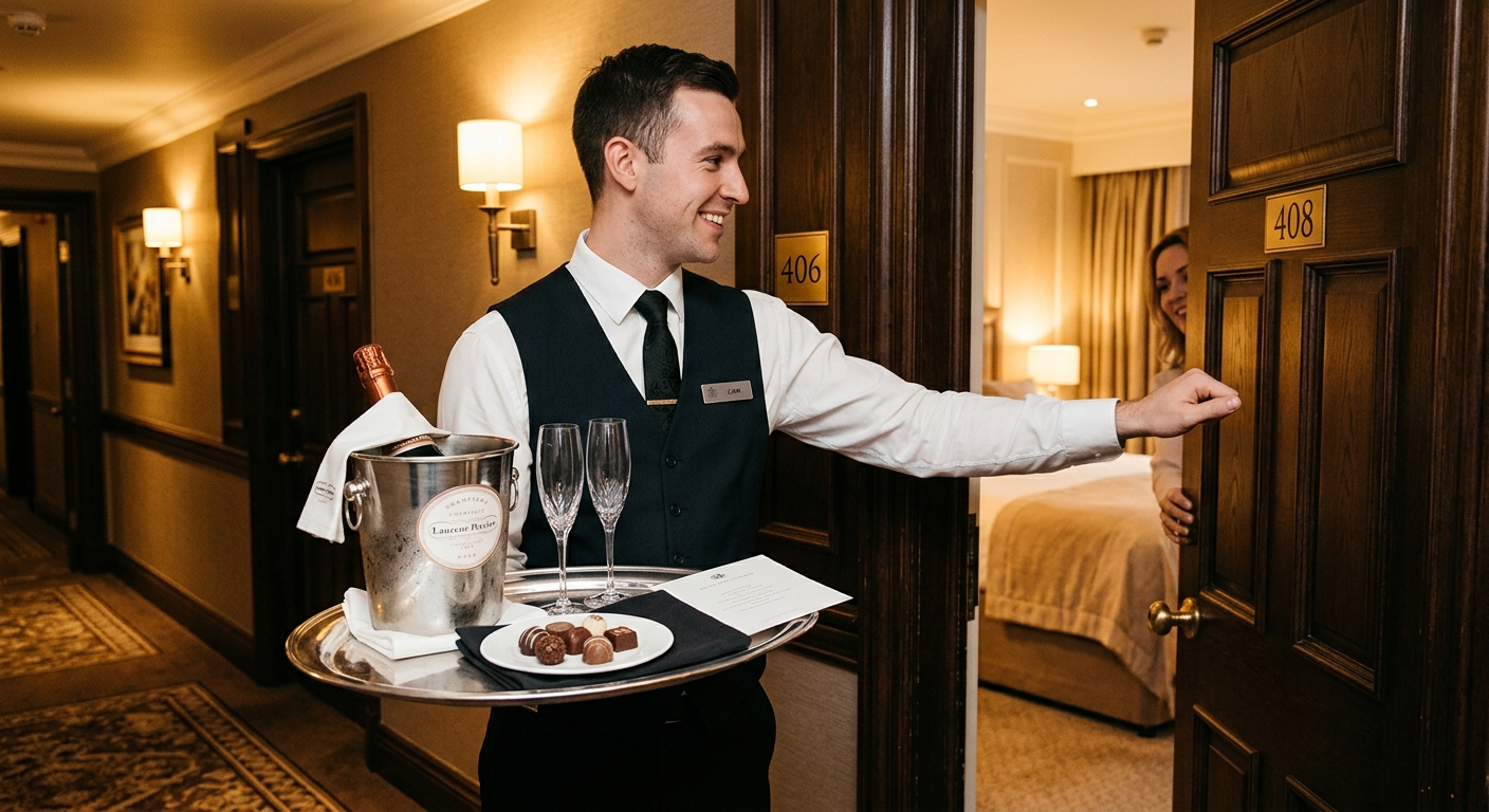 Hotel staff delivering complimentary champagne and chocolates as part of automated service recovery