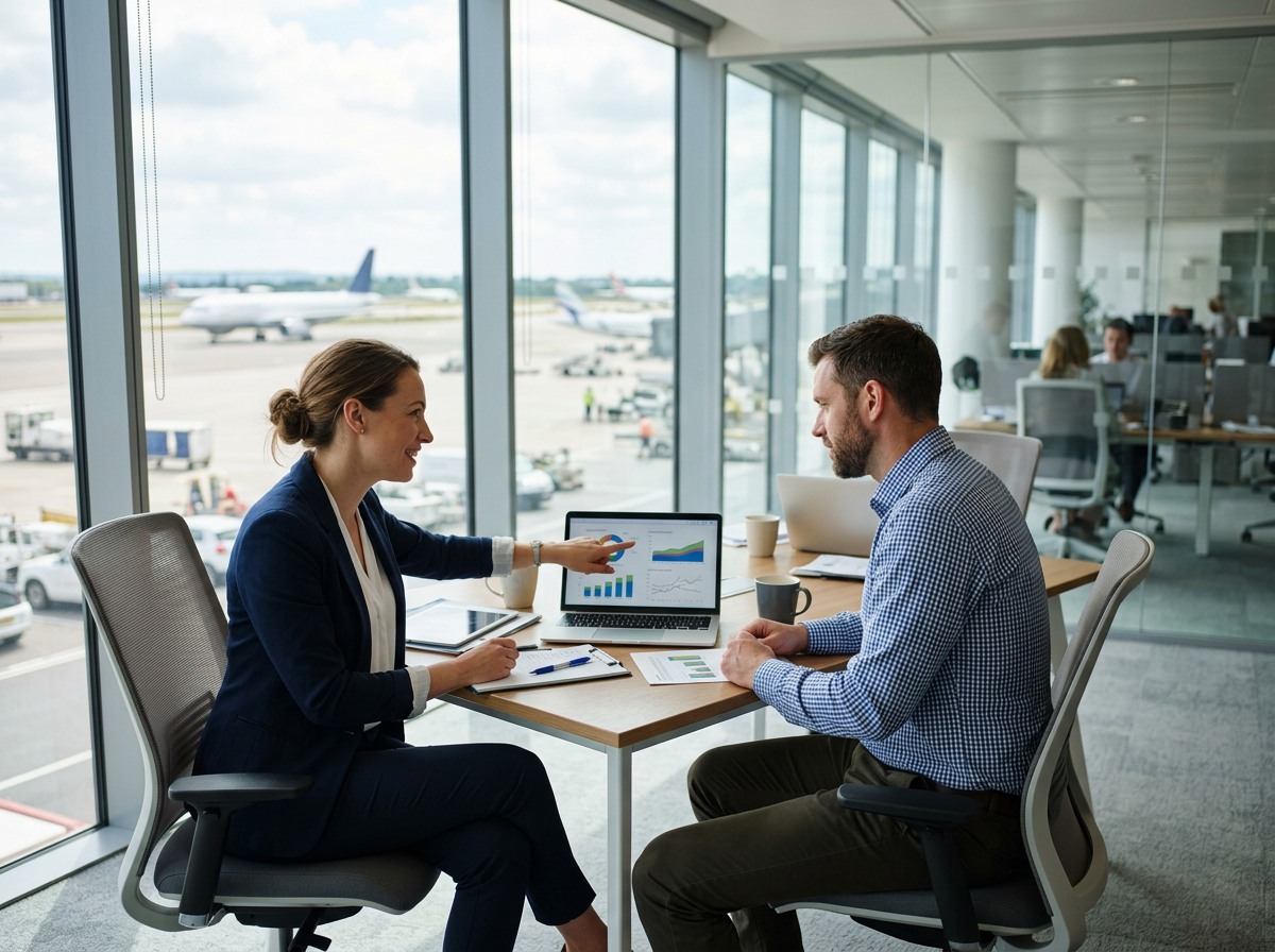 Commercial analysts reviewing airport revenue data beside windows overlooking the apron