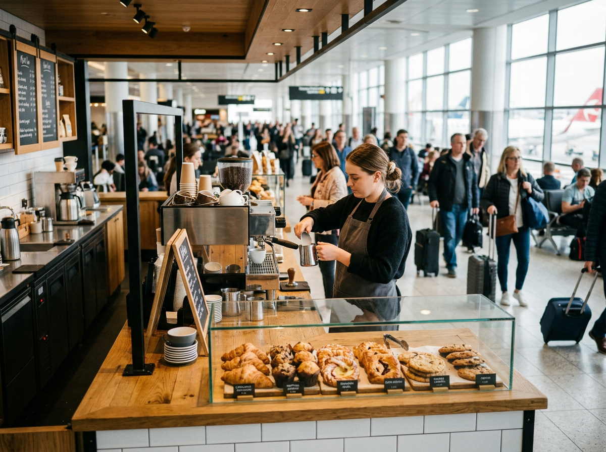Barista preparing coffee at an airport café counter with travellers walking past in the concourse