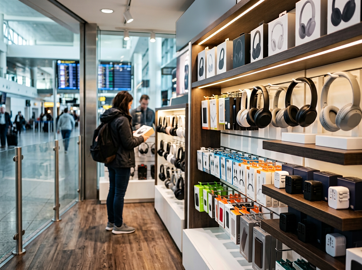 Traveller browsing headphones and chargers at an airport electronics and travel-accessories store