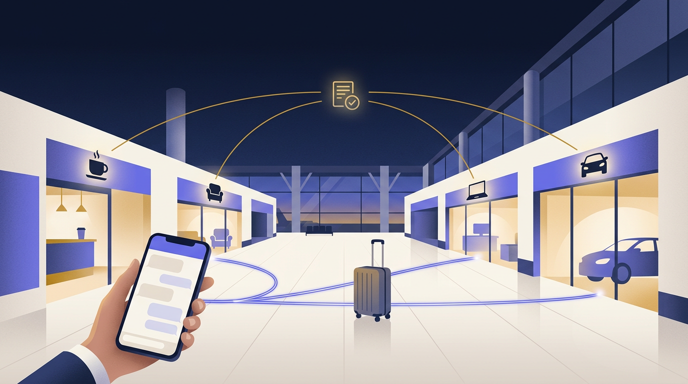 Airport concourse where a passenger's phone links via glowing paths to nearby cafe, lounge, electronics and parking options