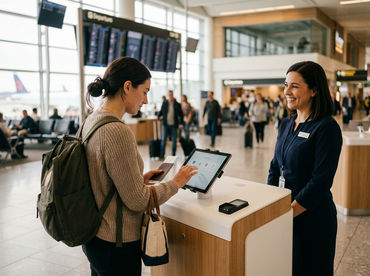 Traveller using an airport self-service kiosk while a staff member is nearby