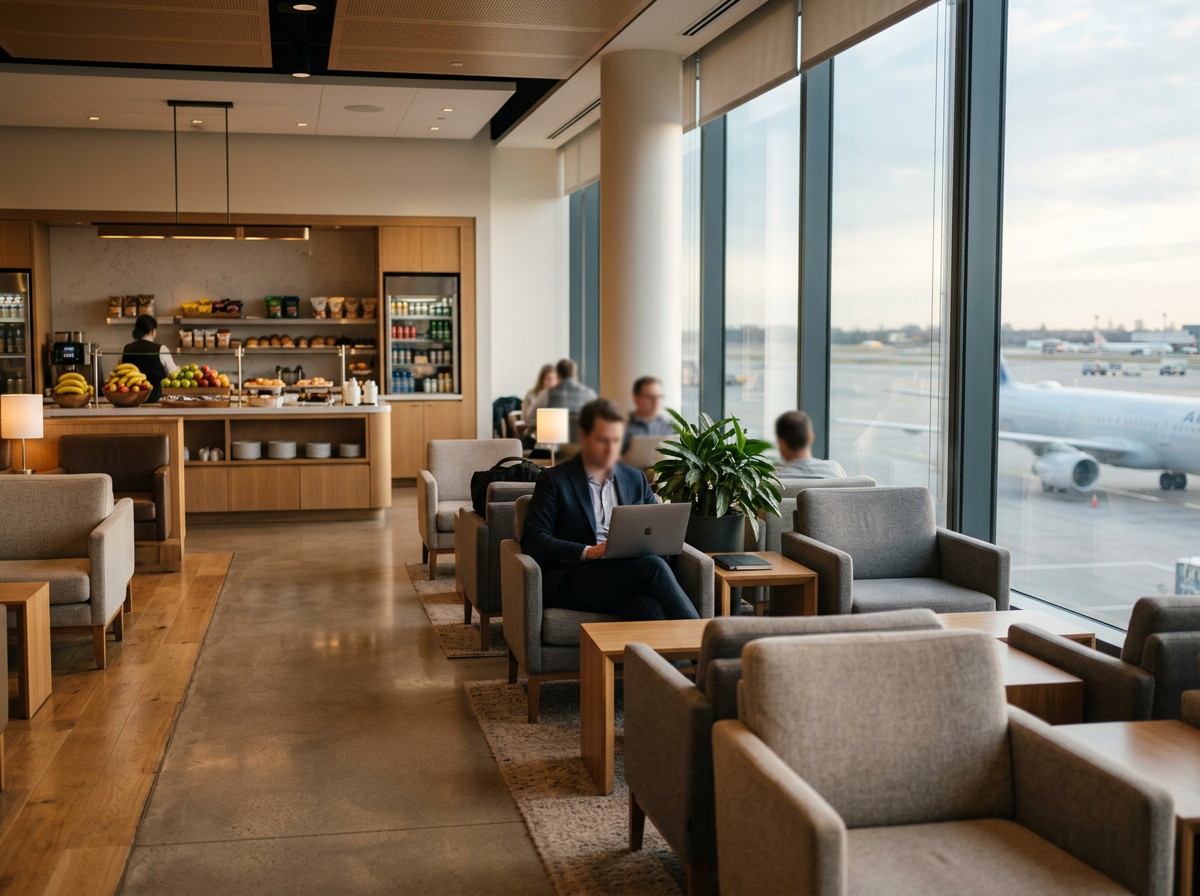 Traveller working on a laptop in a calm airport business lounge overlooking the airfield