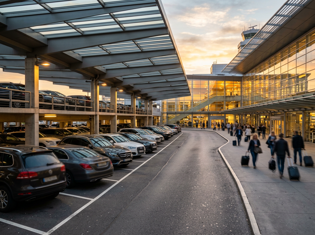Covered airport parking area near the terminal with travellers walking toward the entrance at sunset