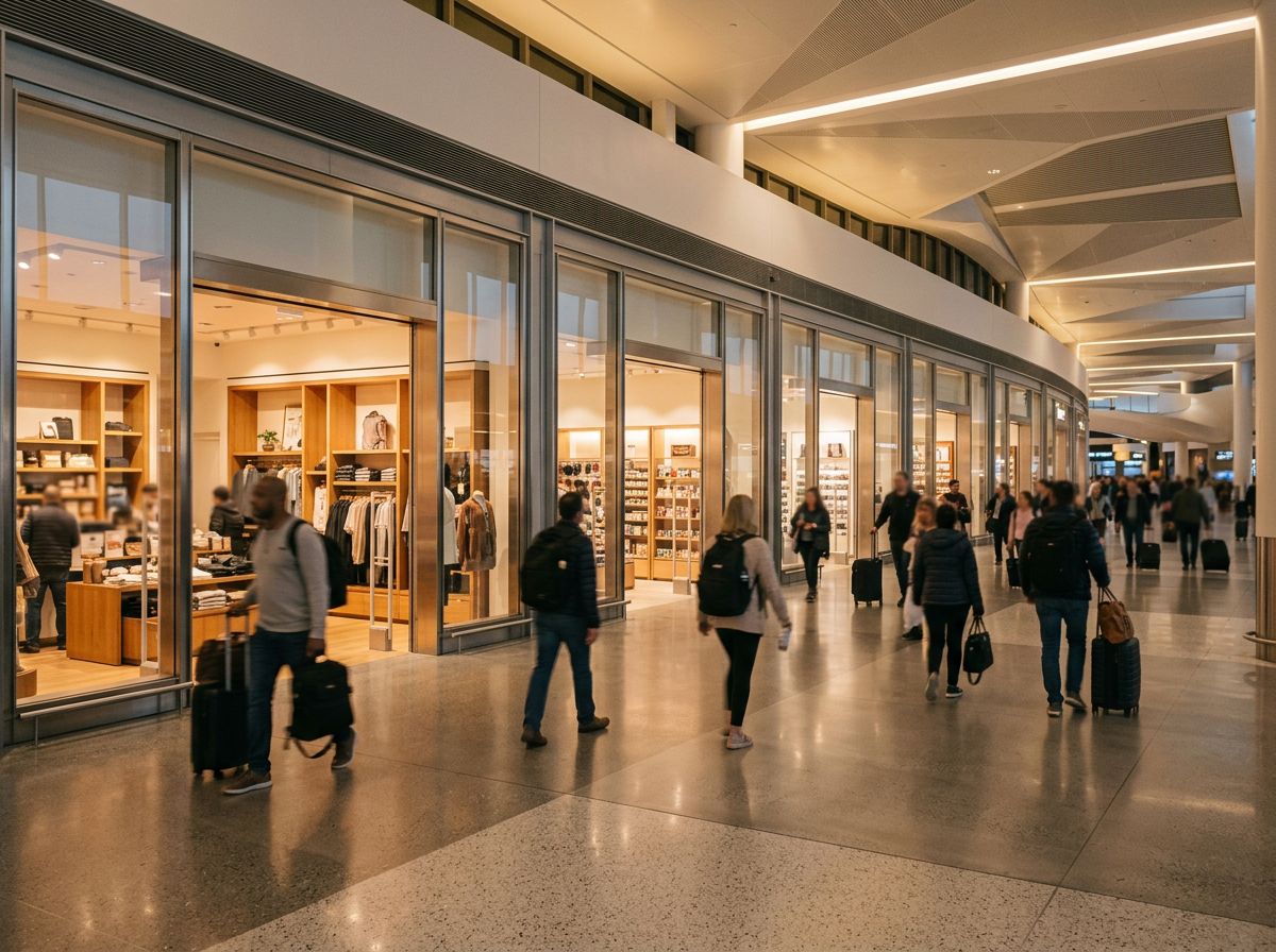 Airport retail concourse with passengers passing shops and food outlets