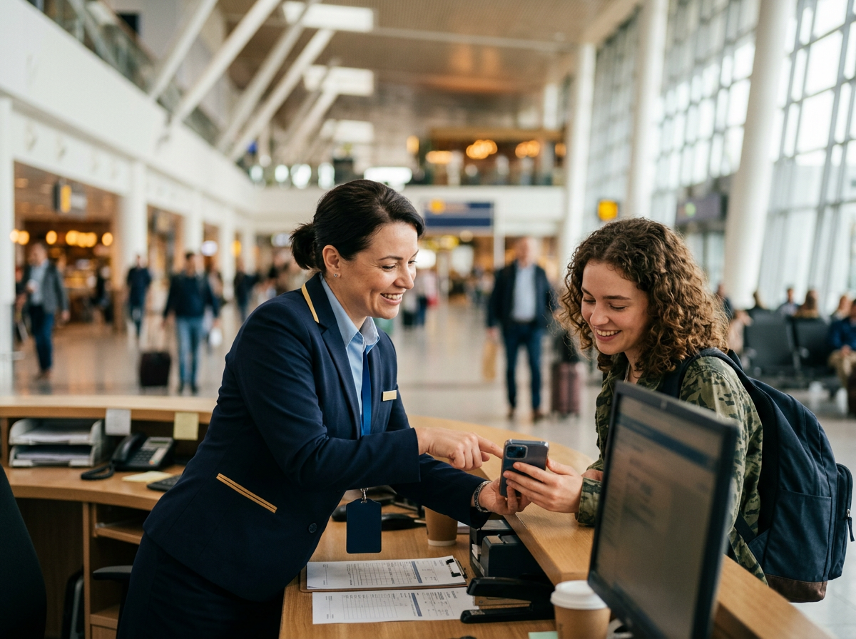 Airport staff member helping a traveller use a phone in a modern terminal