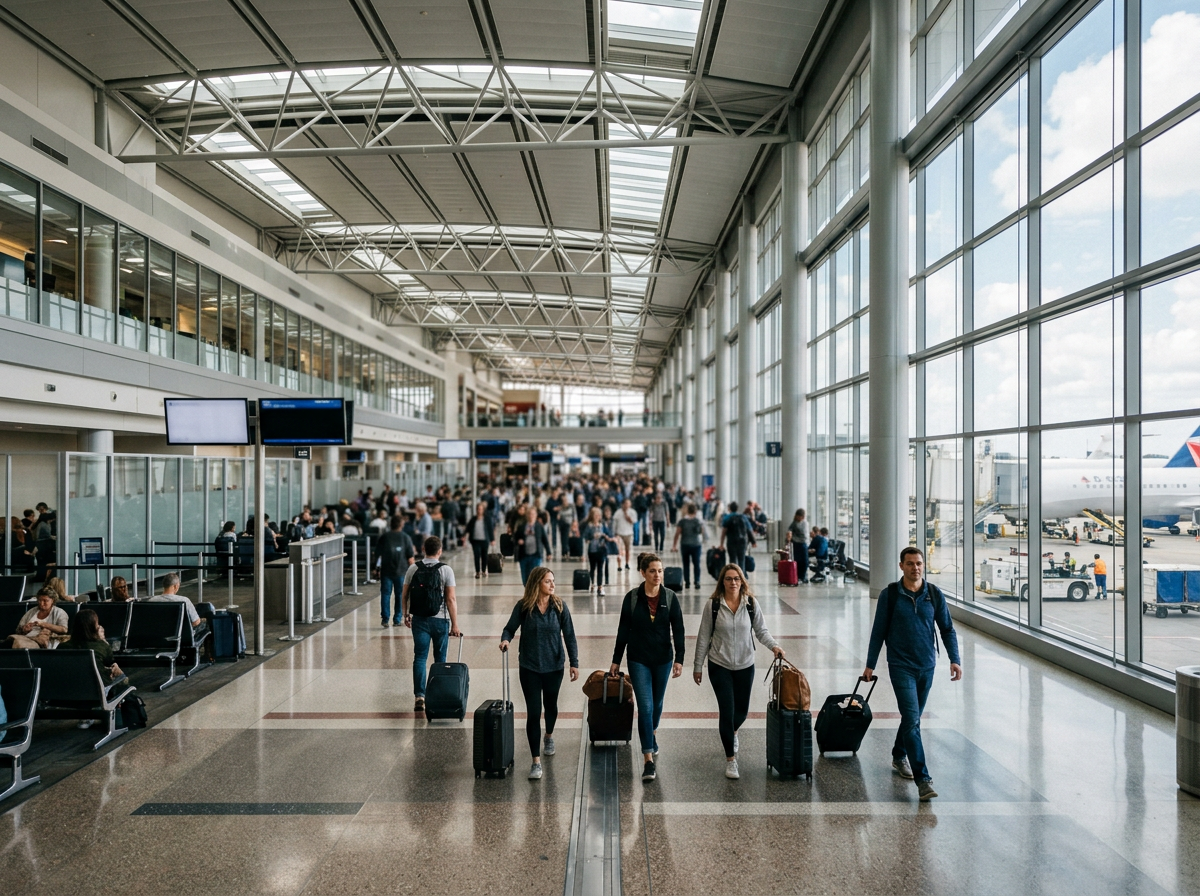 Busy modern airport terminal concourse with passengers walking between airport services
