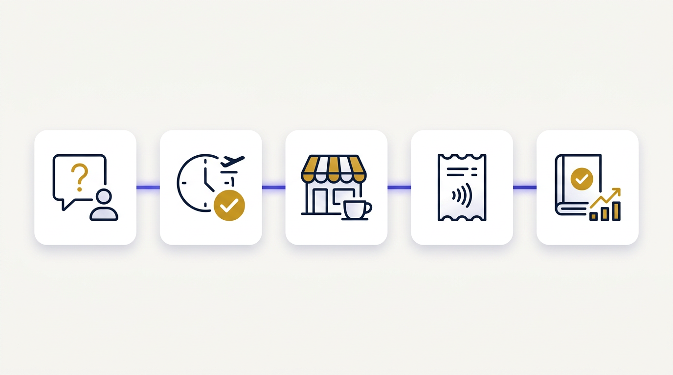 Five connected icon stations representing a passenger question, a time and access check, a relevant airport business, an optional purchase and verified airport revenue