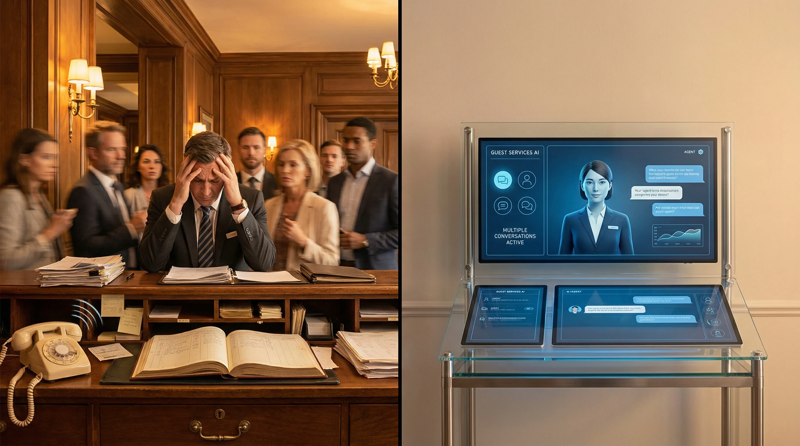 Hotel staff member focused on premium guest interaction while AI handles routine requests