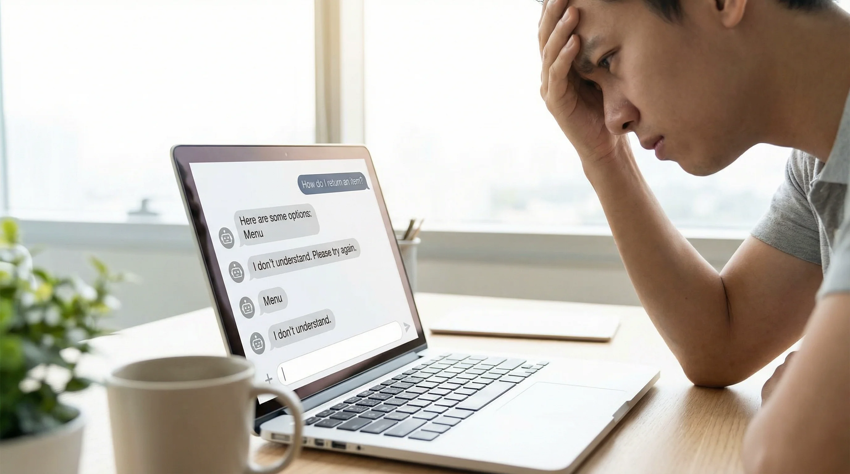 A frustrated user interacting with a limited chatbot interface showing repetitive scripted responses