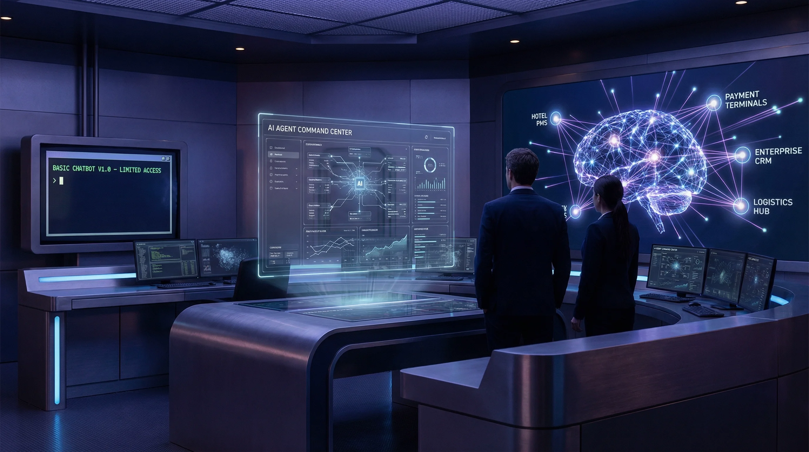 Autonomous AI agent command center compared to a basic chatbot interface in a modern enterprise environment