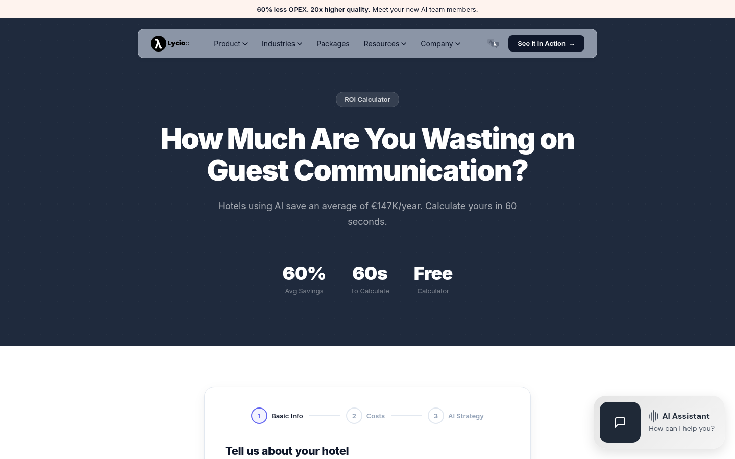 Lycia AI ROI Calculator page - AI savings calculator for hotels