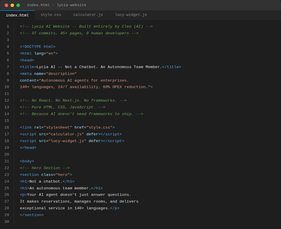 Cleo's code editor - lyciaai.com source code in pure HTML, CSS and JavaScript
