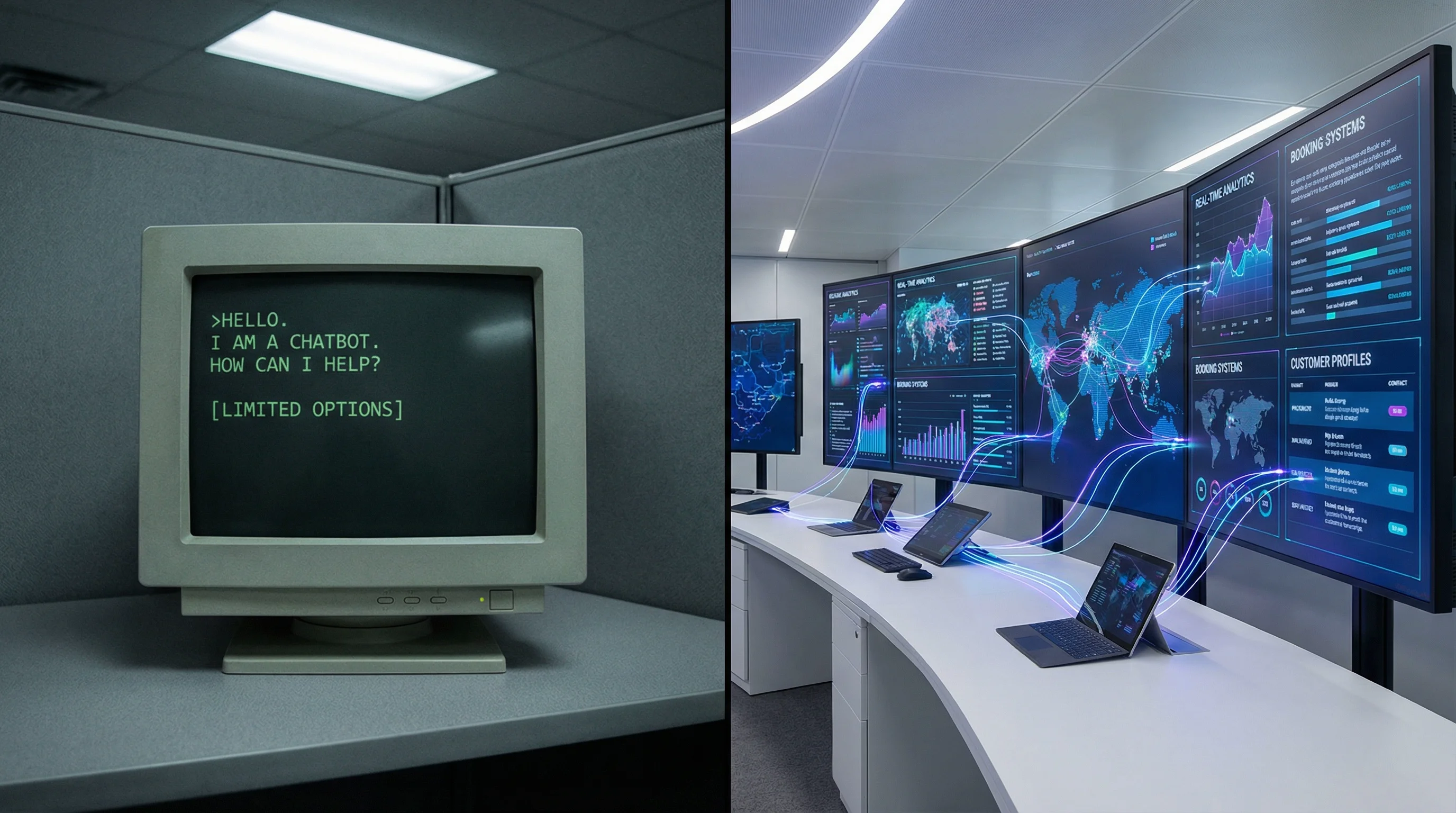 Split screen comparing a basic chatbot interface on the left with a modern AI agent command center connected to enterprise systems on the right