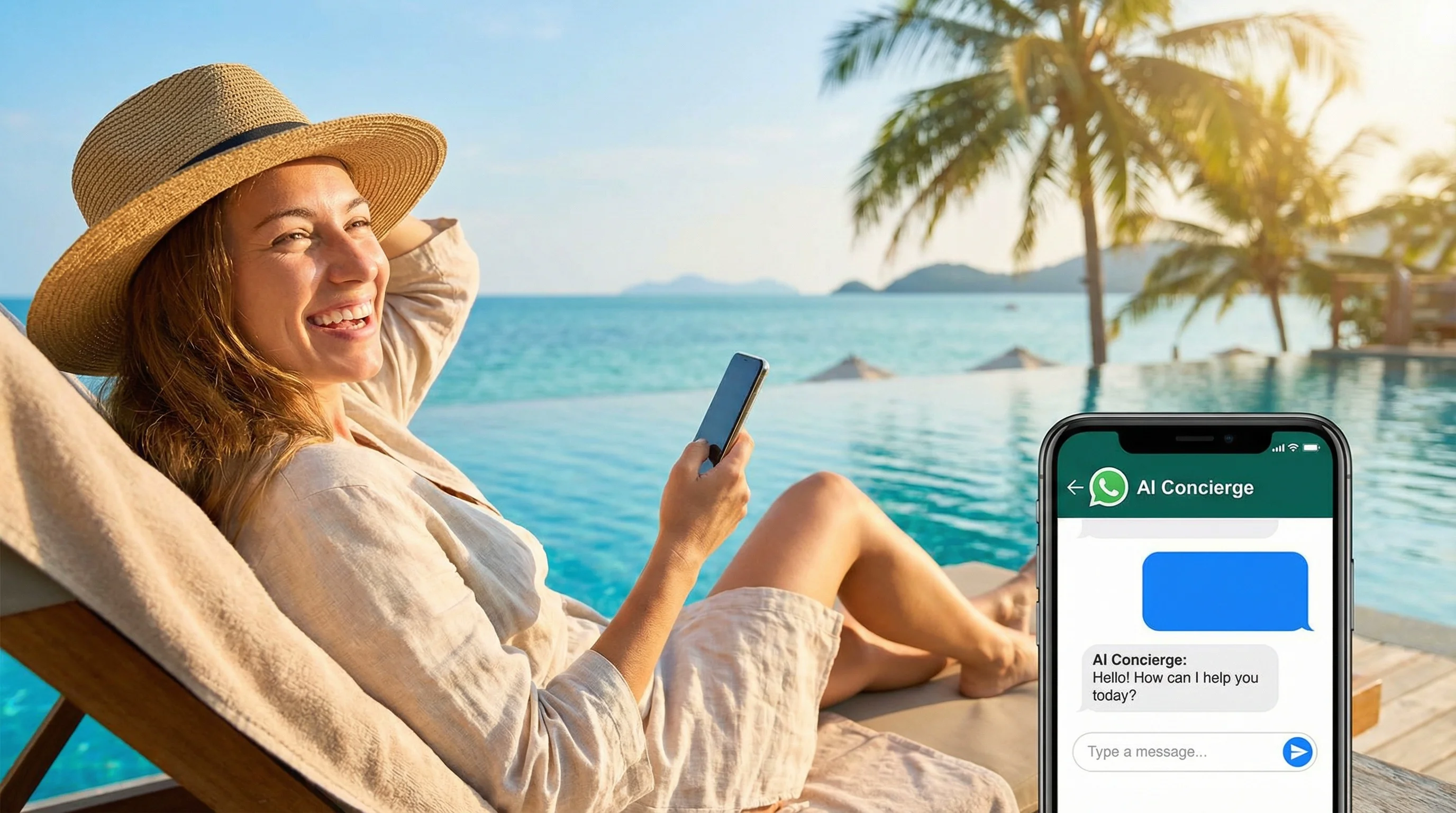 Hotel guest relaxing by a luxury pool while messaging an AI concierge on their phone