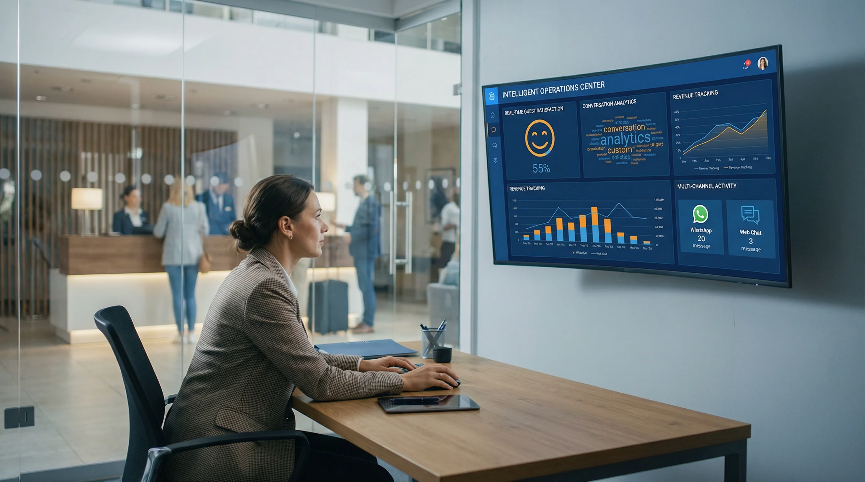 Hotel manager reviewing AI concierge analytics dashboard showing guest satisfaction and conversation metrics
