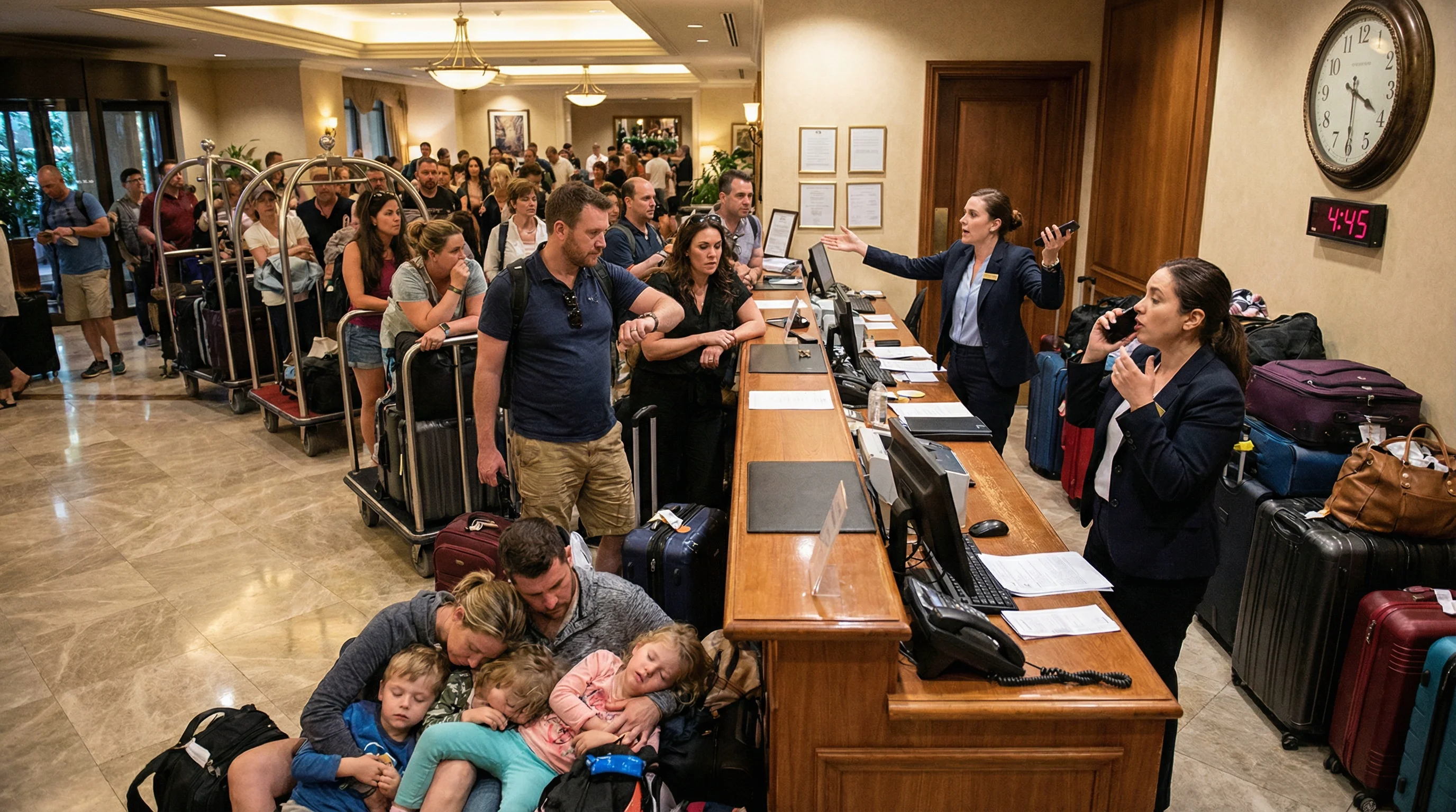 Guests waiting in a long queue at a busy hotel front desk with overwhelmed staff