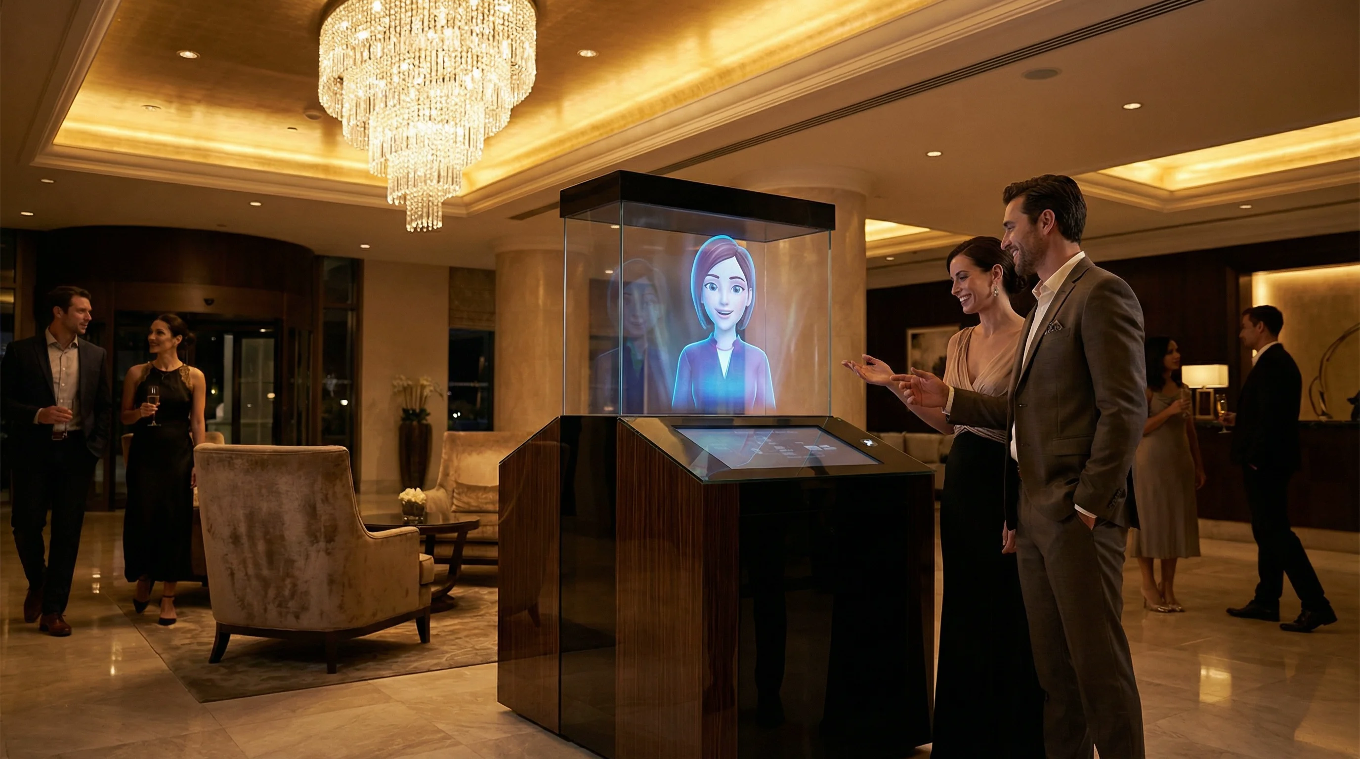 AI concierge in a luxury hotel lobby