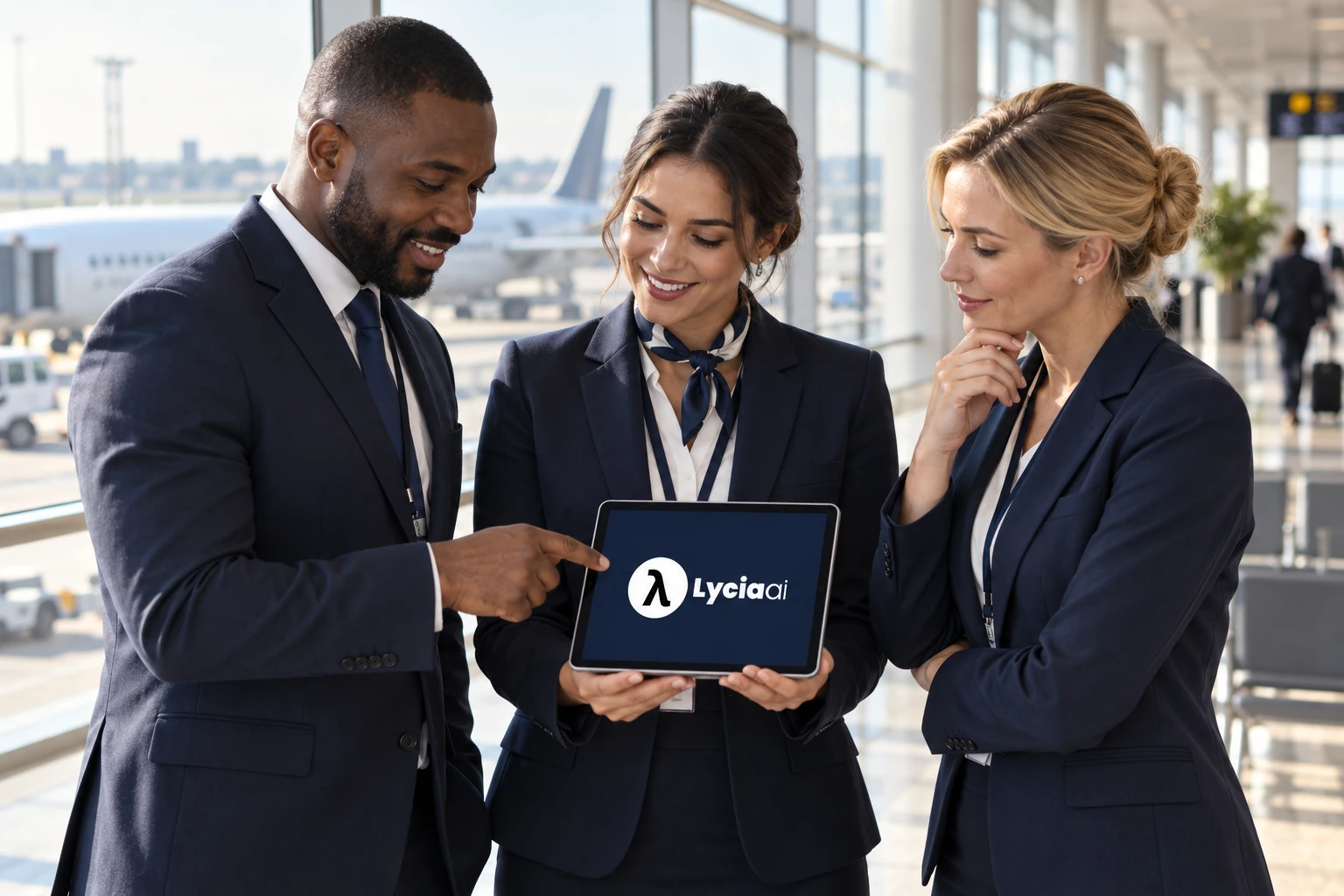 Airport service team reviewing a tablet with the Lycia AI logo in a terminal