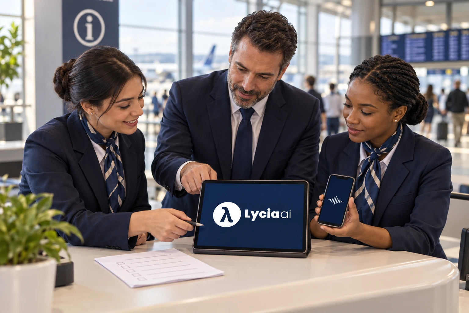 Airport supervisor and service staff checking Lycia AI on a tablet and a voice-enabled phone
