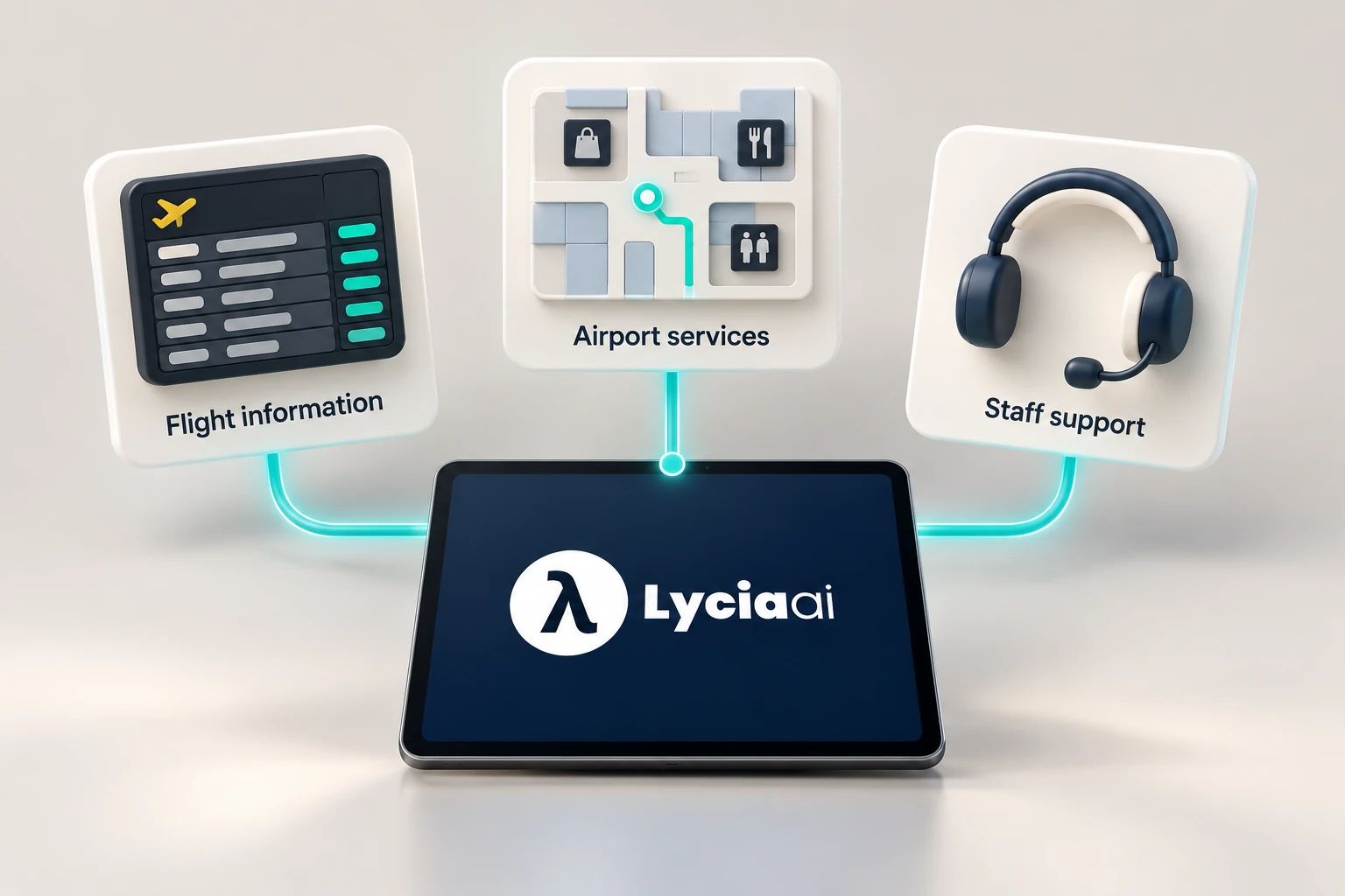 Concept showing flight information, airport services and staff support connected to Lycia AI