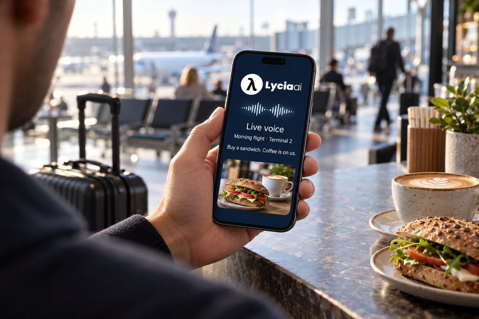Traveler holding a Lycia AI voice concept screen with a morning-flight sandwich and coffee offer
