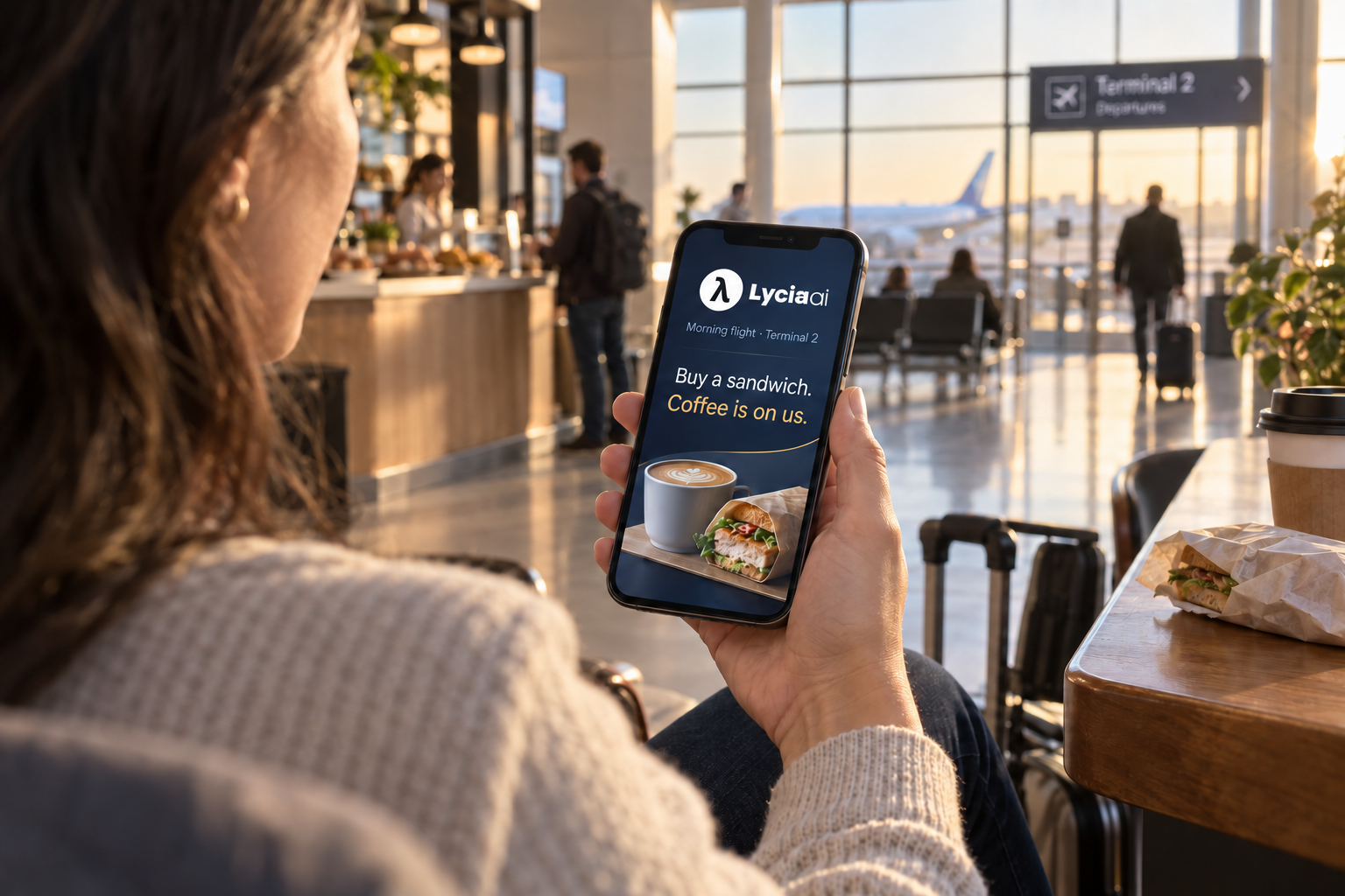 Havalimanı kafesinde telefonunda Lycia AI’ın sabah uçuşuna uygun sandviç ve kahve kampanyasını gören yolcu