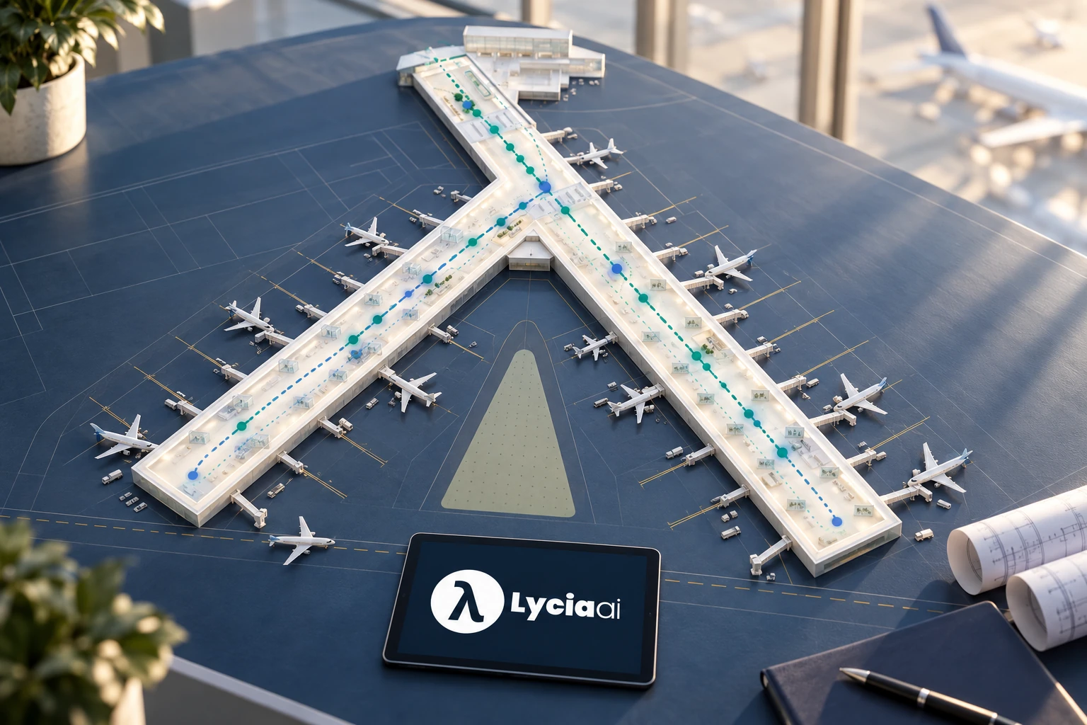 Y-shaped airport terminal scale model with illustrative passenger routes and a Lycia AI tablet
