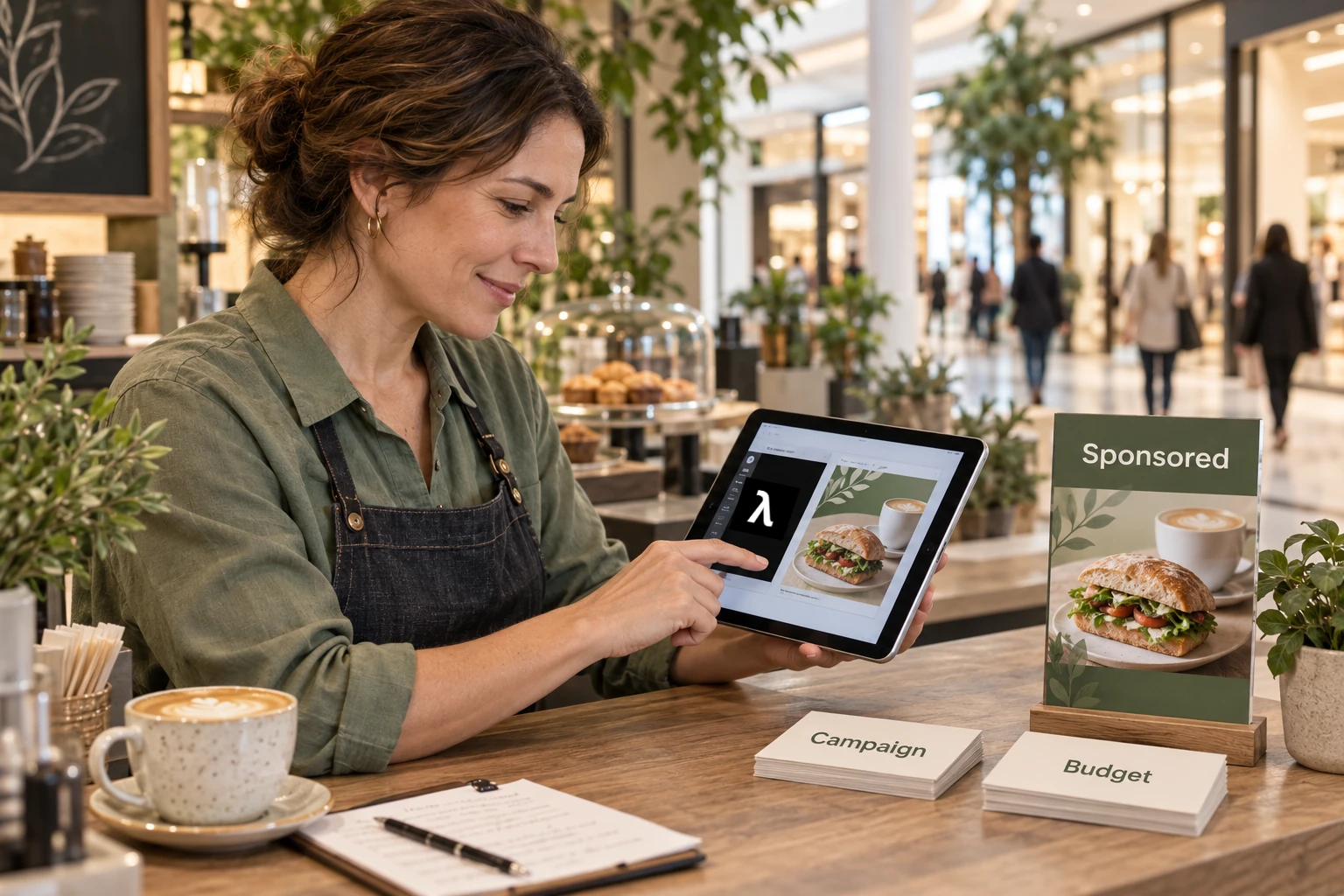 Mall café manager reviewing a Lycia AI sponsored campaign concept with campaign and budget controls