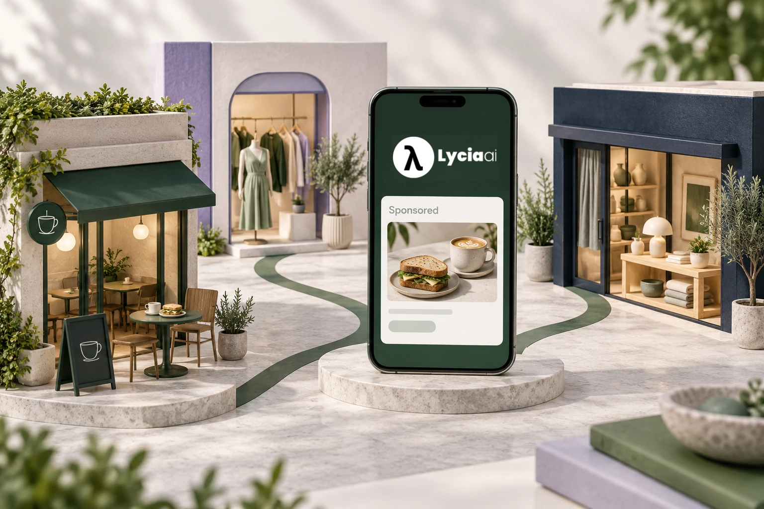 Miniature mall stores surrounding a Lycia AI phone with a labeled sponsored café recommendation