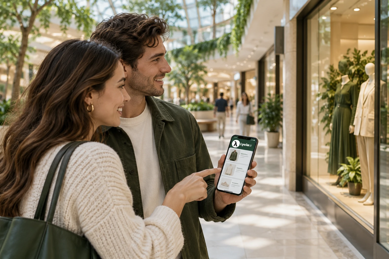 Shoppers exploring a mall with a Lycia AI shopping recommendation on a phone