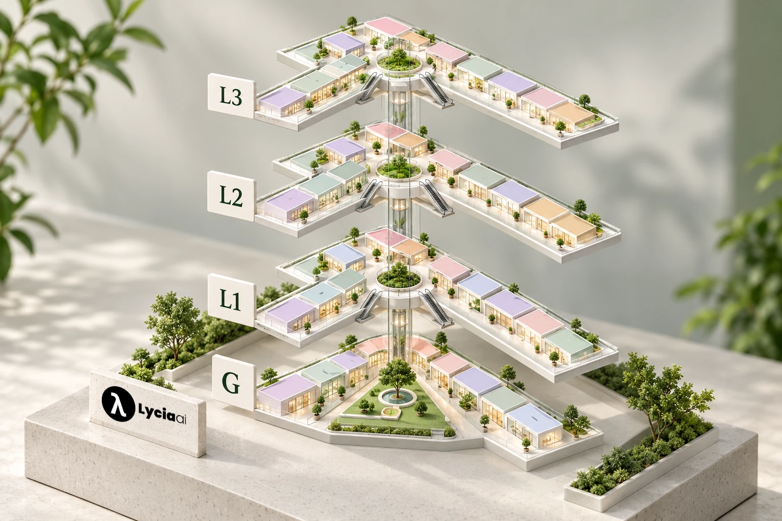Four-floor Lycia AI mall directory concept with ground, first, second and third levels
