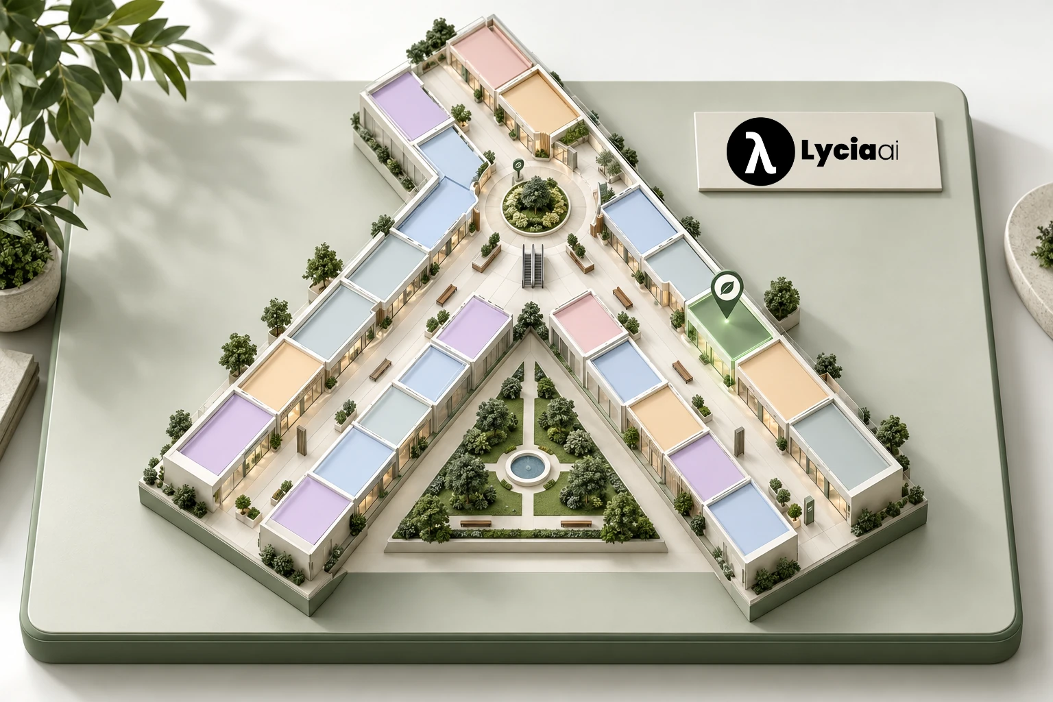 Lycia AI architectural concept inspired by the fictional Lycia Park Mall map and garden atrium