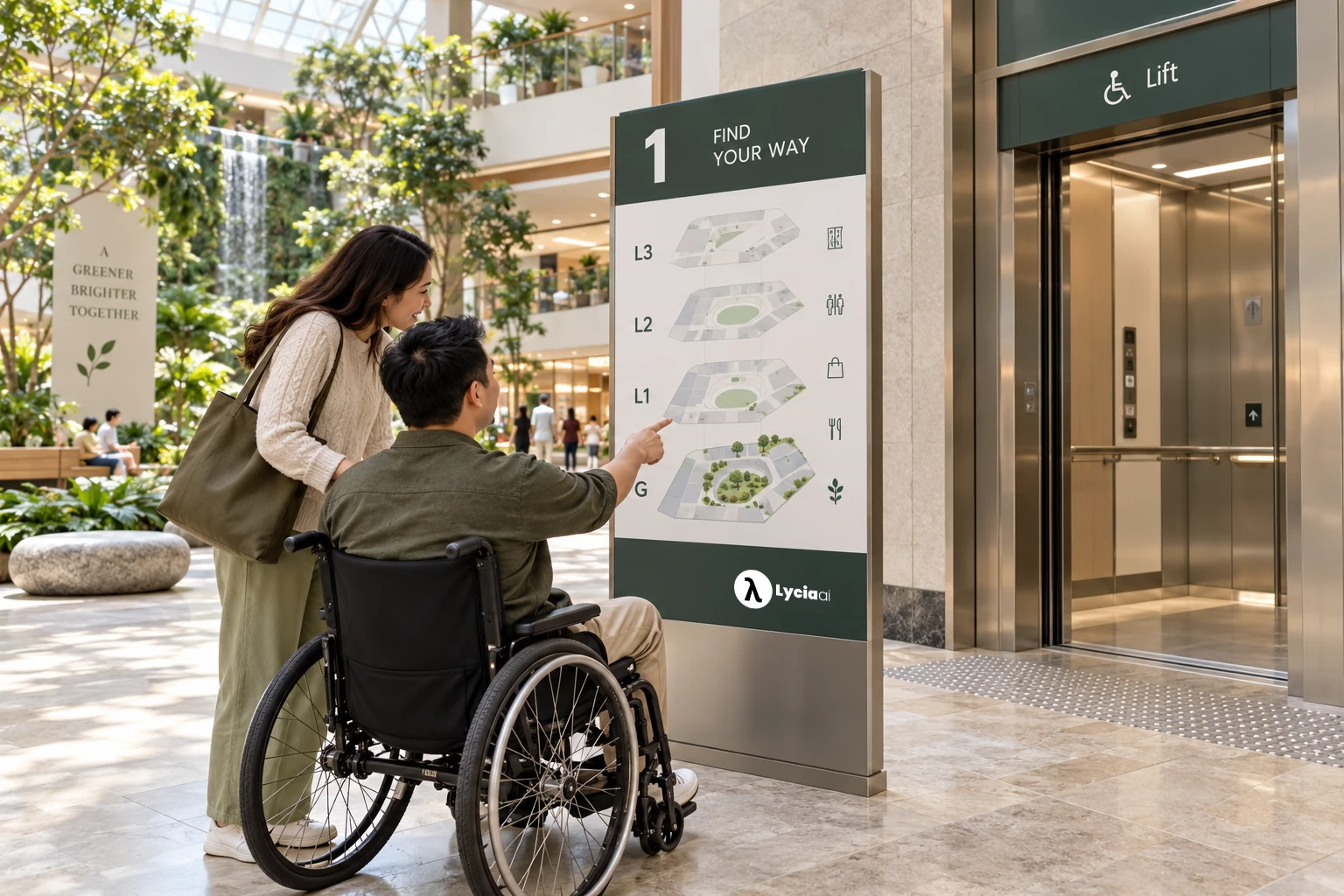 Mall visitors consulting a Lycia AI directory beside an accessible lift and garden atrium