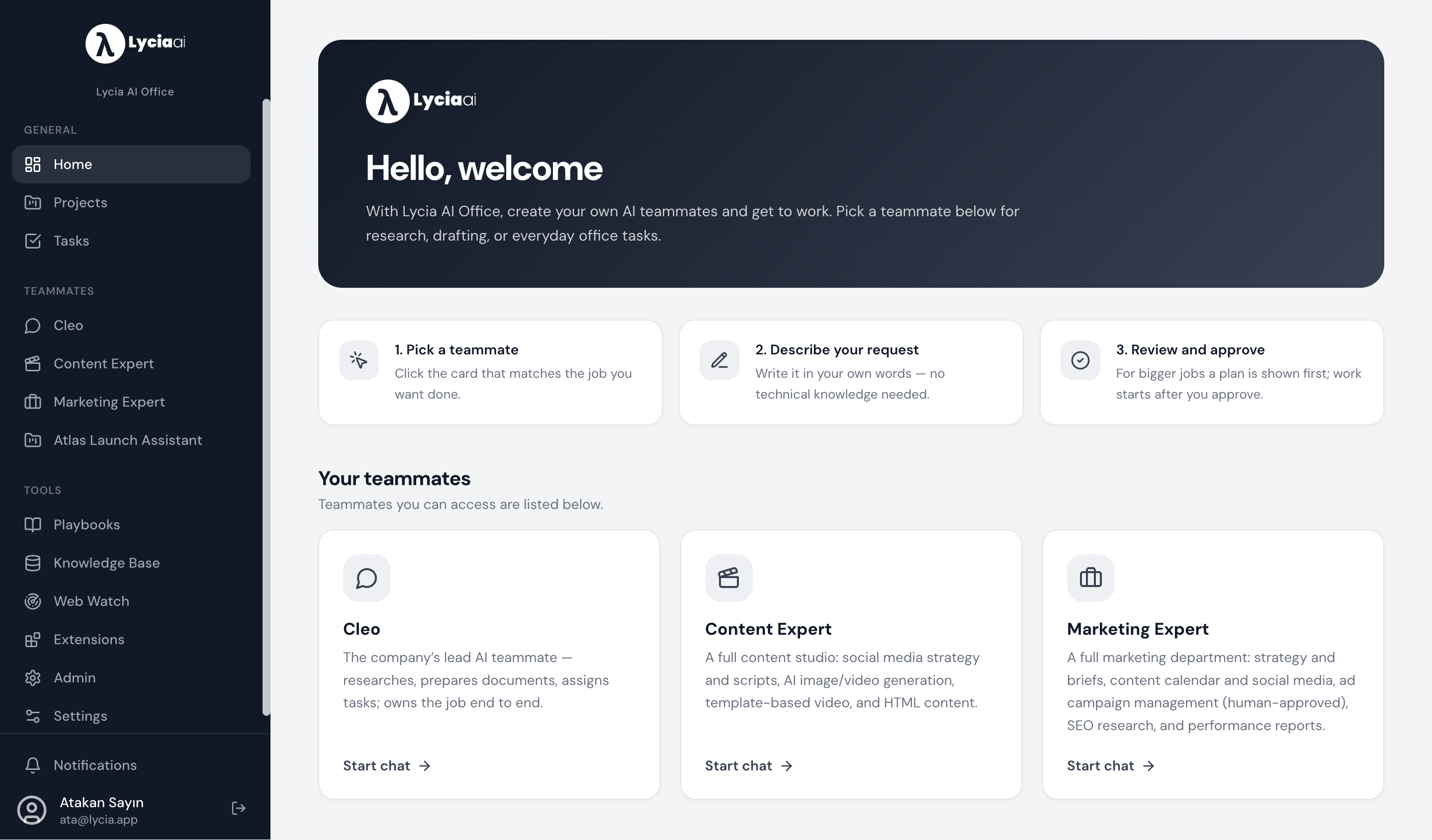 Lycia AI Office home screen showing AI teammates available for assignment alongside the human team