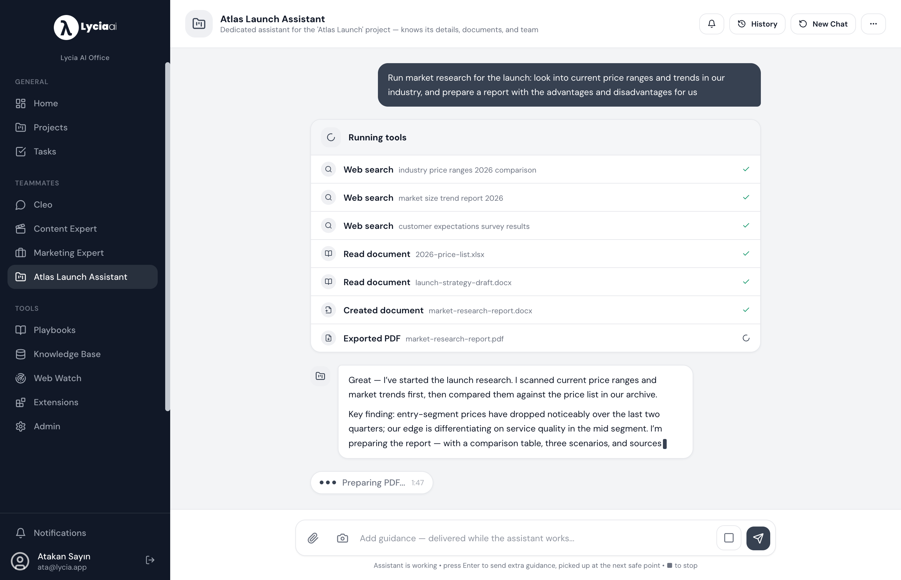 Lycia AI Office project view showing the assistant working through tools and delivering a finished document