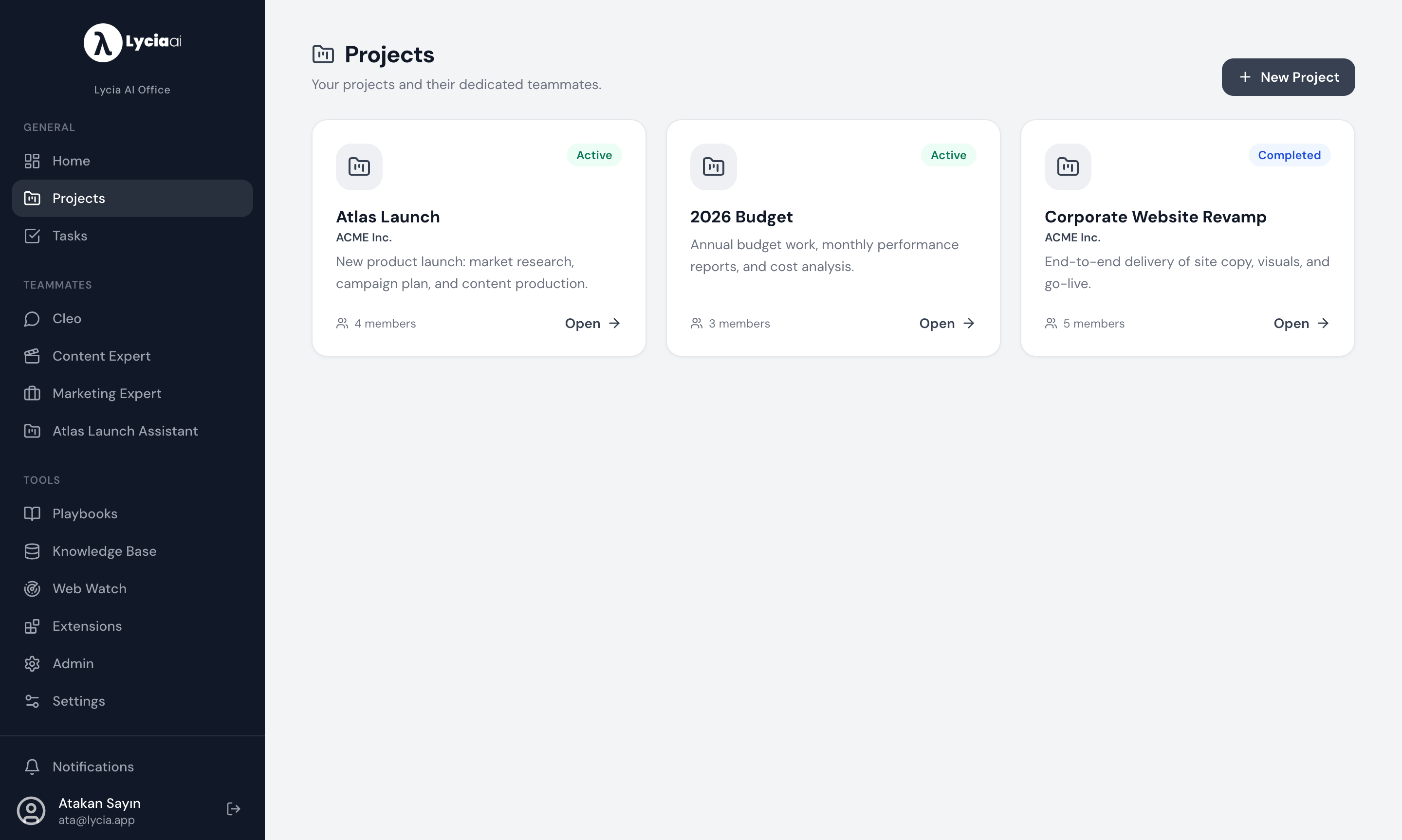 Project list in Lycia AI Office — each project carries its own dedicated assistant, documents and members