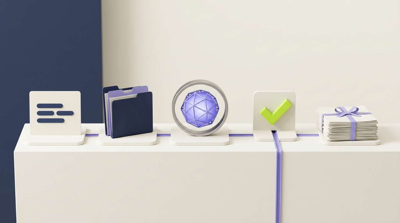 Five conceptual stations representing a task, company documents, AI work, a review checkpoint and a finished document bundle.