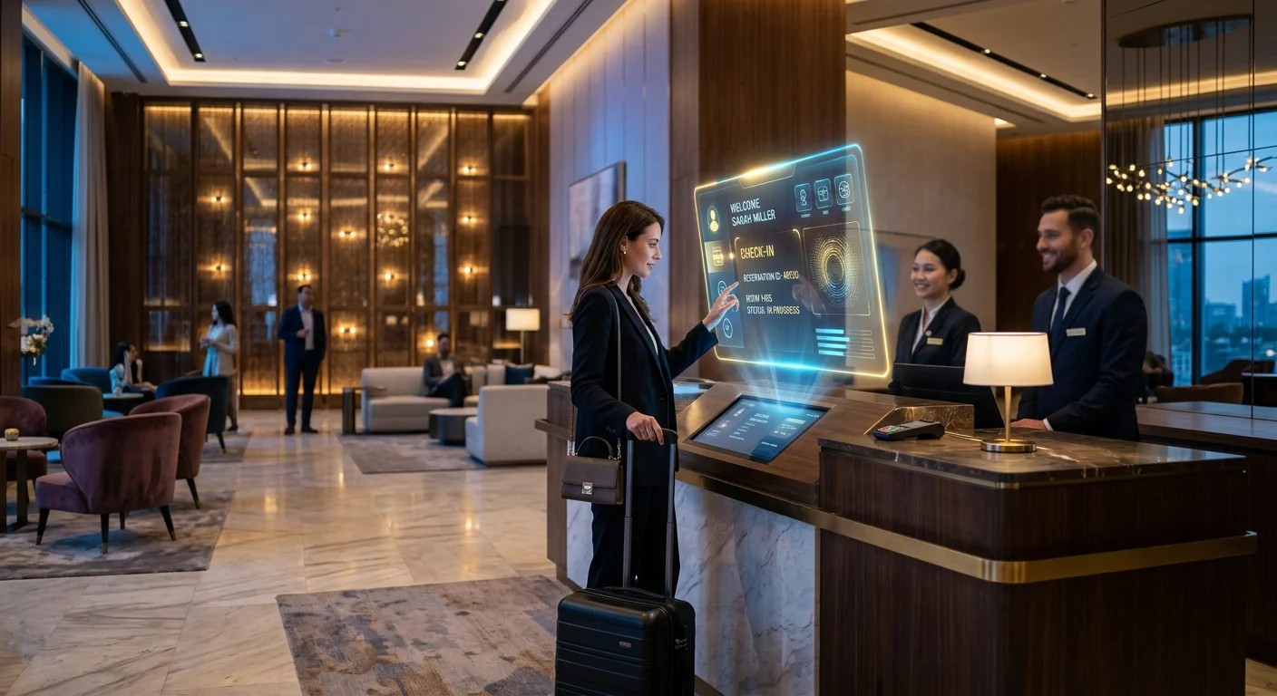Otel lobisinde yapay zeka arayüzü ile misafir karşılama