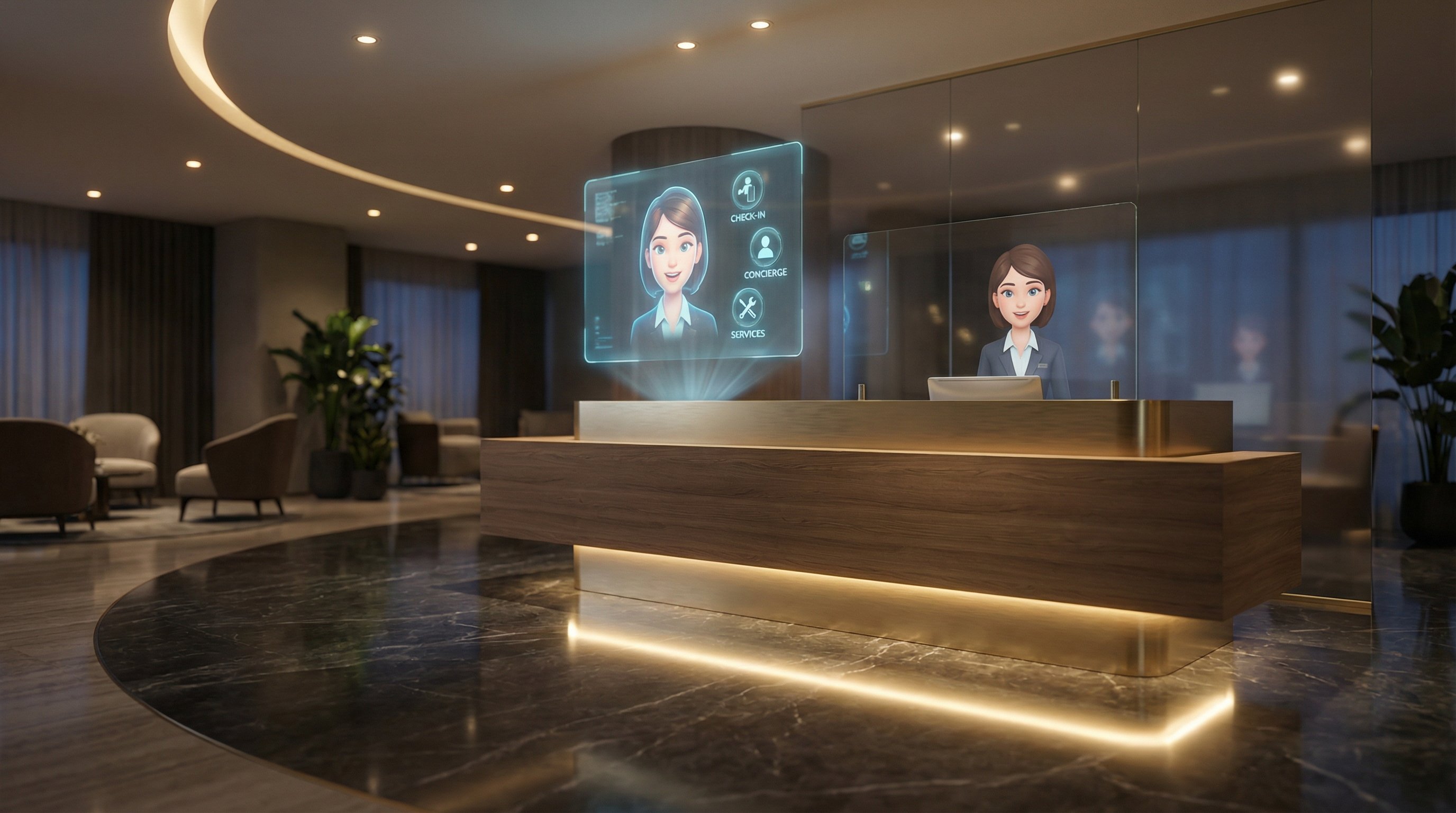 AI holographic assistant at a modern luxury hotel reception desk