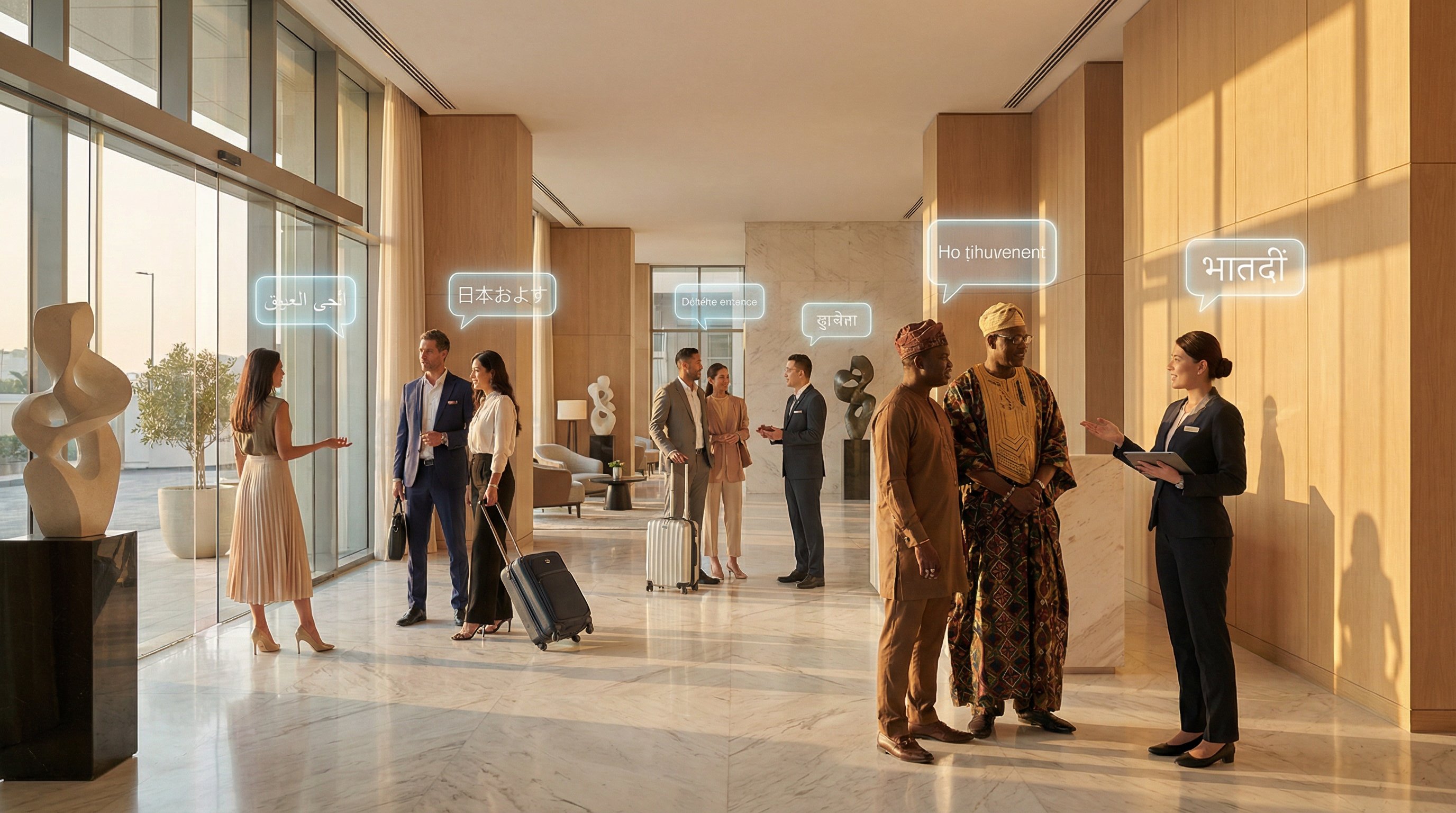 International hotel guests communicating in multiple languages with AI assistant