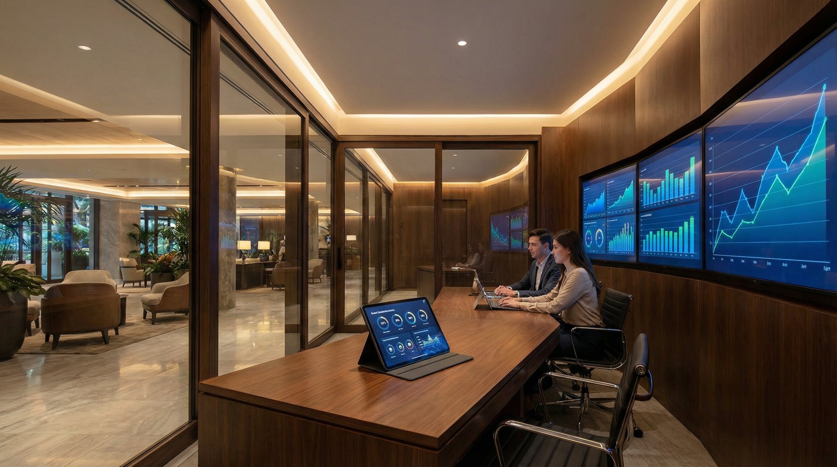 Hotel analytics dashboard showing AI assistant performance metrics and ROI