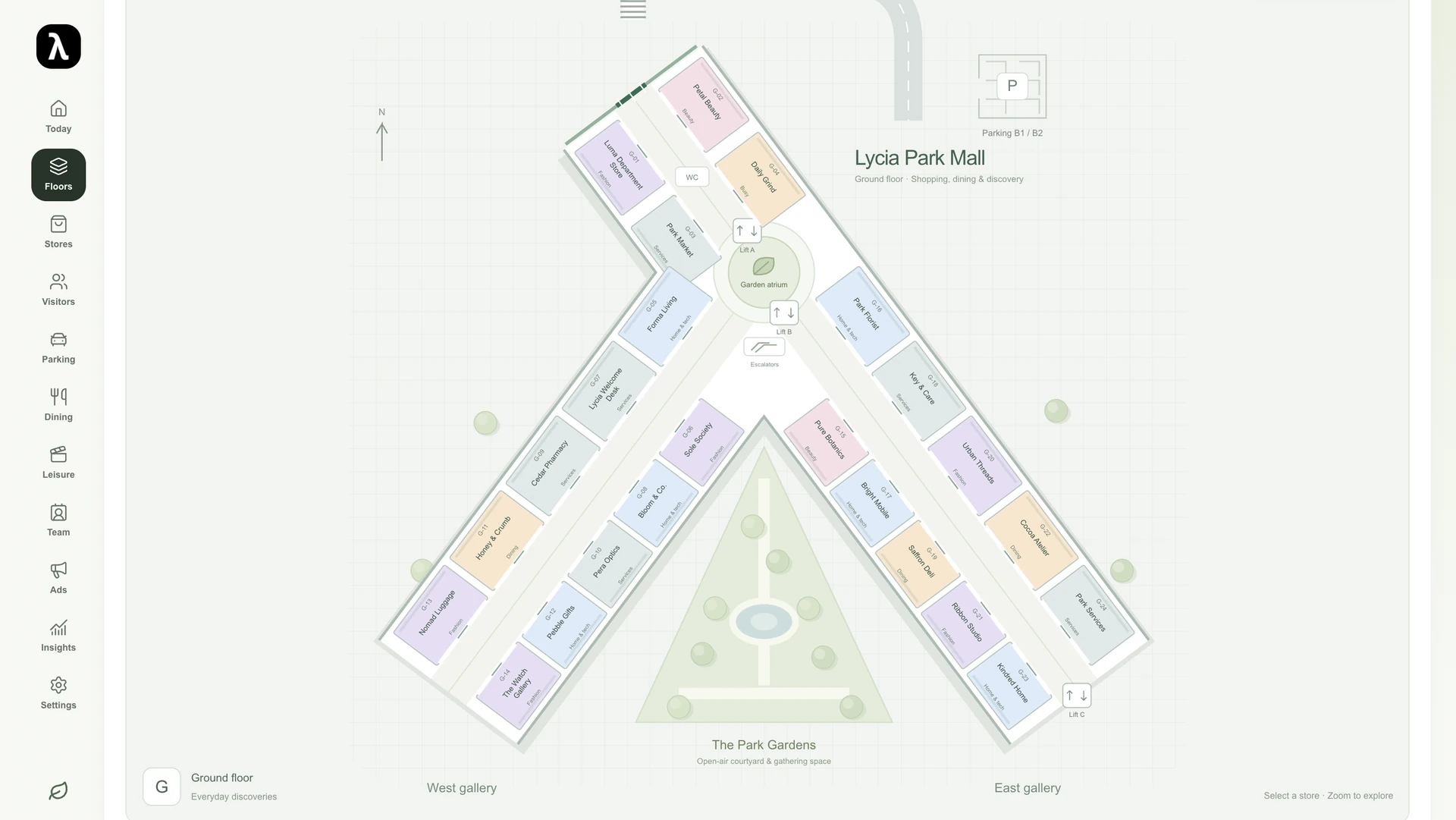 Lycia Park Mall ground-floor dashboard map with store names, lifts and garden atrium